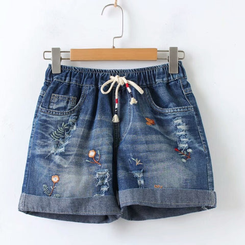 Summer New Elastic Lace Embroidered Lace Denim Jeans Shorts Female Casual