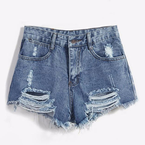 2018 Brand Vintage ripped hole fringe blue denim shorts